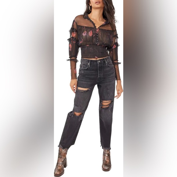 Free People We The Free Tapered Baggy Boyfriend Distressed Jeans Obsidian NEW - Picture 5 of 16